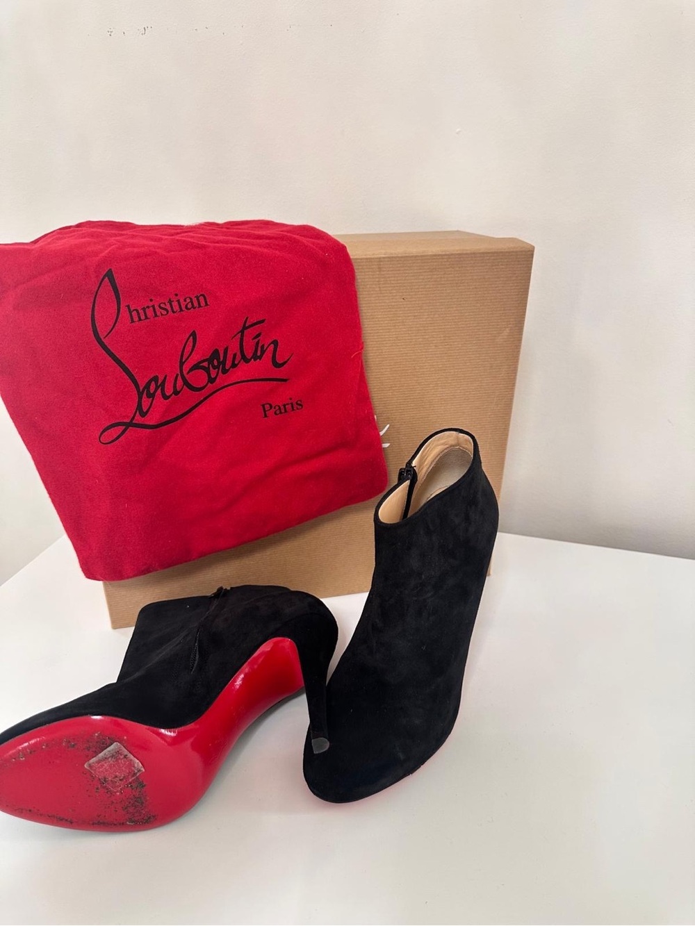 Christian Louboutin Black Suede Ankle Booties with Red Sole